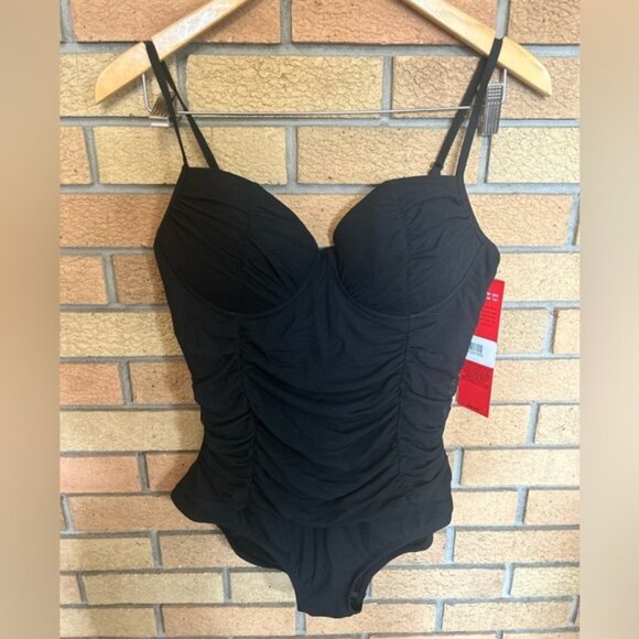 NWT Spanx Lets Go Slimming Swimsuit Womens One Piece Ruched Black Size 12 D/DD - Picture 1 of 5